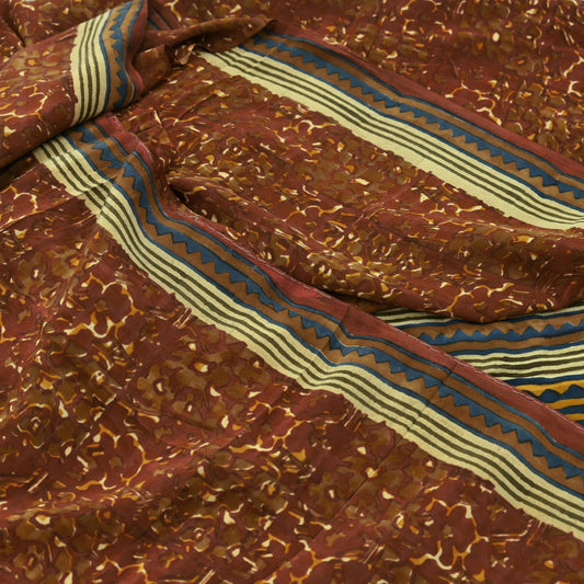 Indian Vintage Brown Saree Pure Crepe Silk Printed Sari 5yd Sewing Floral Soft Craft Fabric Wrap Dress Making Crafting Quilting