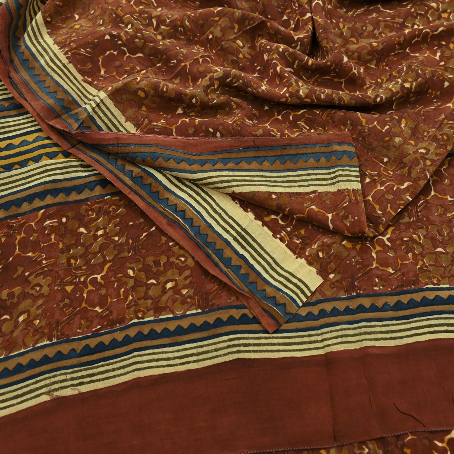 Indian Vintage Brown Saree Pure Crepe Silk Printed Sari 5yd Sewing Floral Soft Craft Fabric Wrap Dress Making Crafting Quilting