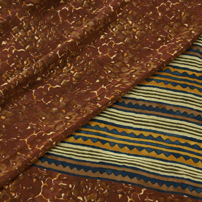 Indian Vintage Brown Saree Pure Crepe Silk Printed Sari 5yd Sewing Floral Soft Craft Fabric Wrap Dress Making Crafting Quilting