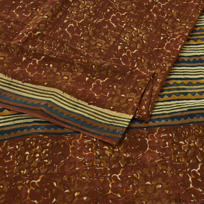 Indian Vintage Brown Saree Pure Crepe Silk Printed Sari 5yd Sewing Floral Soft Craft Fabric Wrap Dress Making Crafting Quilting