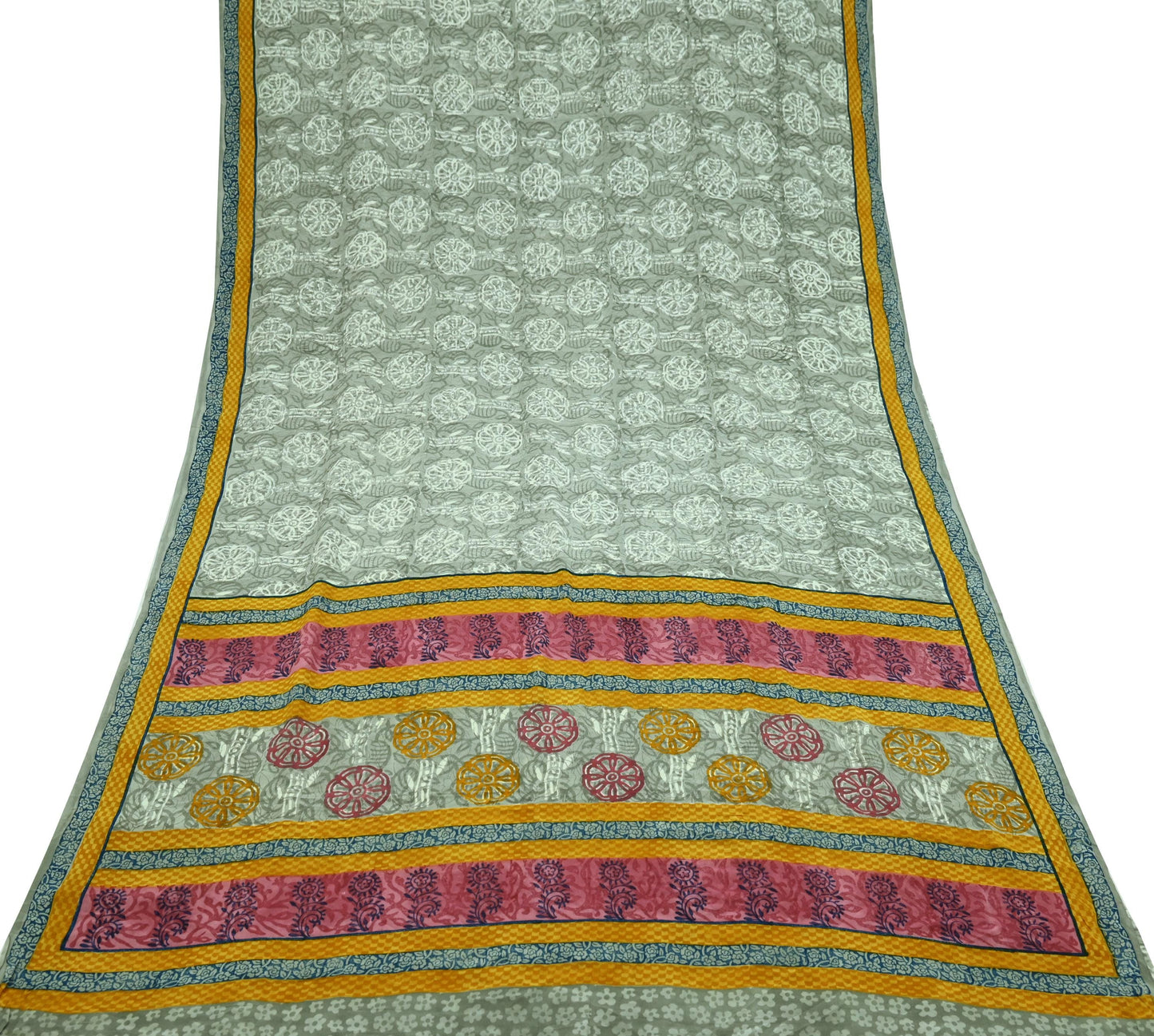 Indian Vintage Sari Gray Pure Crepe Silk Printed Sarees 5yd Sewing Soft Craft Fabric Wrap Upcycle Quilting Crafting Dress making