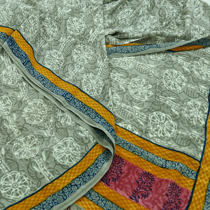 Indian Vintage Sari Gray Pure Crepe Silk Printed Sarees 5yd Sewing Soft Craft Fabric Wrap Upcycle Quilting Crafting Dress making