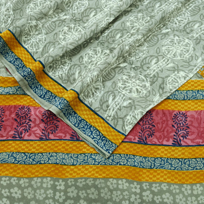 Indian Vintage Sari Gray Pure Crepe Silk Printed Sarees 5yd Sewing Soft Craft Fabric Wrap Upcycle Quilting Crafting Dress making