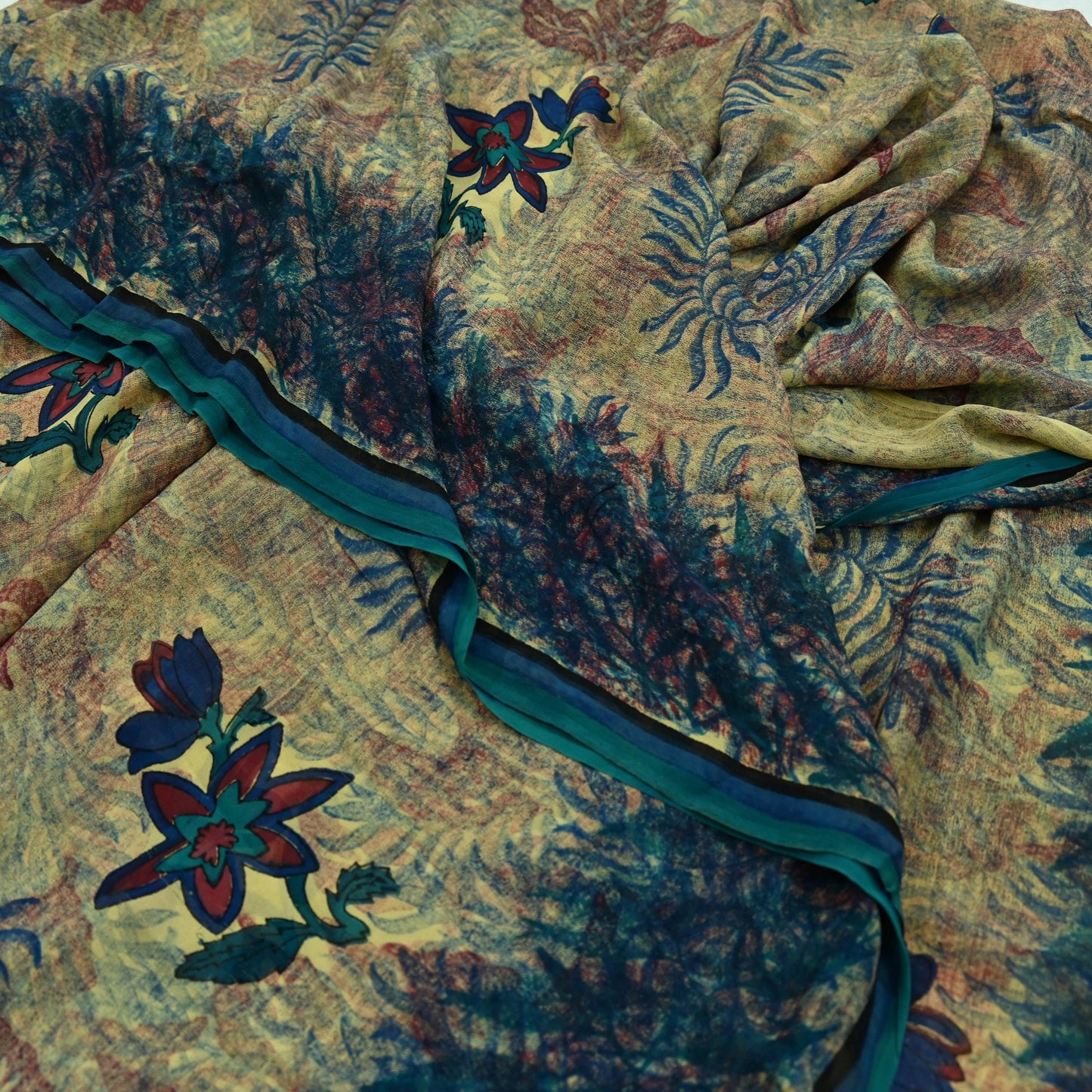 Women Vintage Sari Green Pure Georgette Silk Printed Saree Craft Fabric Sewing 5Yd Soft Light Dress Making Abstract Crafting Quilting
