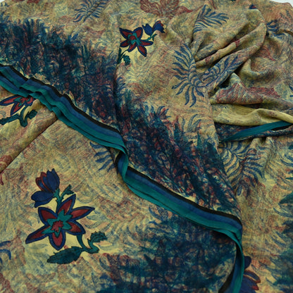 Women Vintage Sari Green Pure Georgette Silk Printed Saree Craft Fabric Sewing 5Yd Soft Light Dress Making Abstract Crafting Quilting