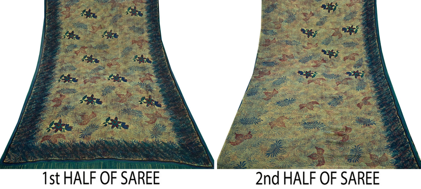 Women Vintage Sari Green Pure Georgette Silk Printed Saree Craft Fabric Sewing 5Yd Soft Light Dress Making Abstract Crafting Quilting