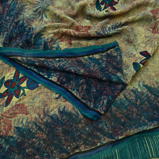 Women Vintage Sari Green Pure Georgette Silk Printed Saree Craft Fabric Sewing 5Yd Soft Light Dress Making Abstract Crafting Quilting
