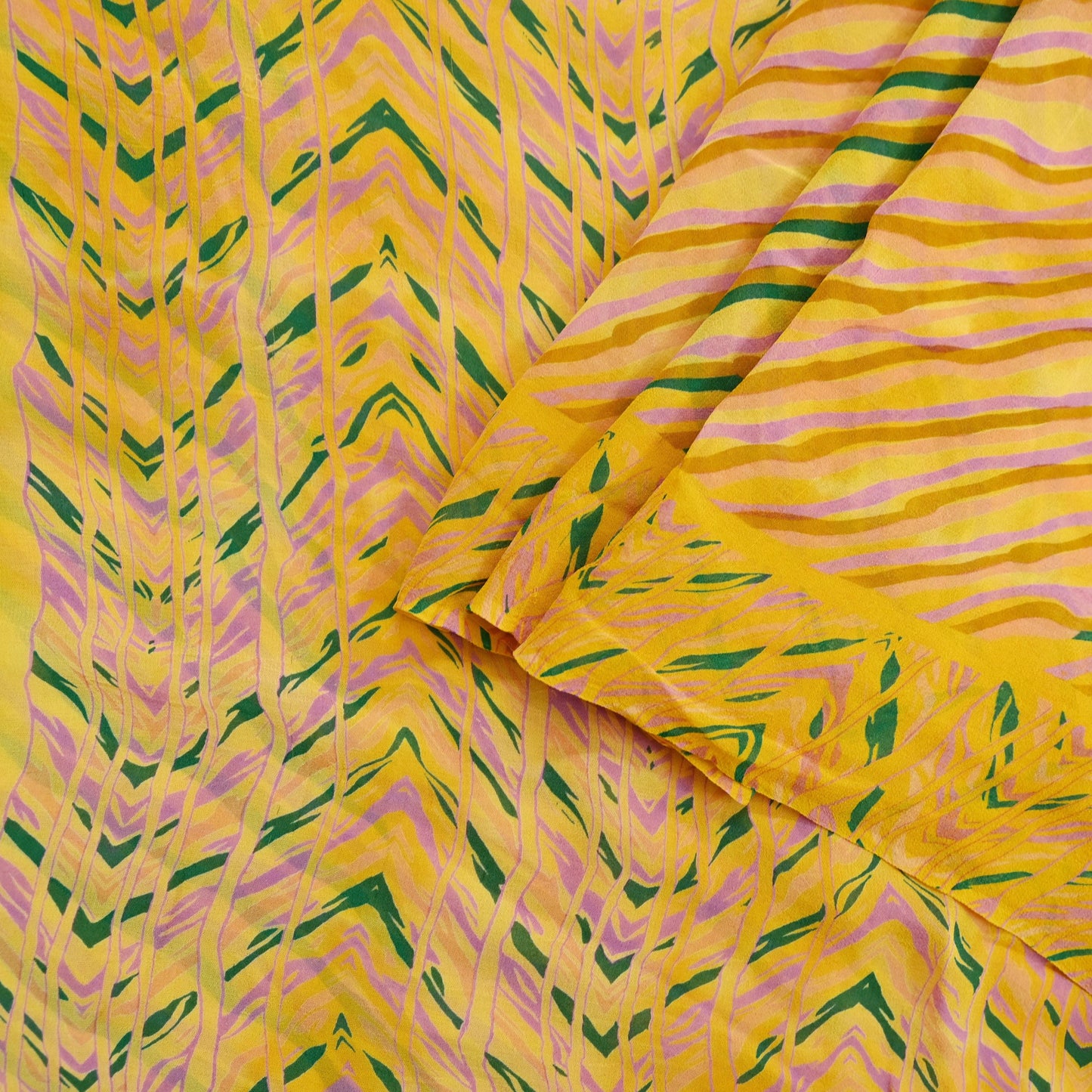 Women Indian Vintage Sari yellow Pure Georgette Silk Printed Sarees Craft Fabric Sewing 5Yd Soft Dress Making Quilting Crafting