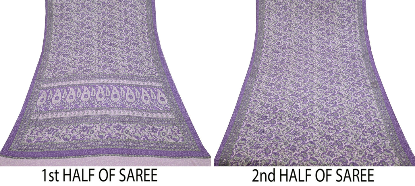 Indian Vintage Pink & Purple Saree Moss Crepe Printed Sari 6yd Sewing Soft Craft Fabric Dressmaking Quilting Upcycle Used For Crafting
