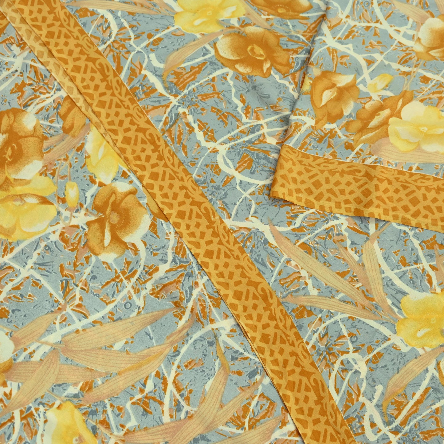 Indian Vintage Mustard & Gray Sarees Moss Crepe Printed Sari 5yd Sewing Floral Soft Craft Fabric DressMaking For Crafting Quilting Upcycle
