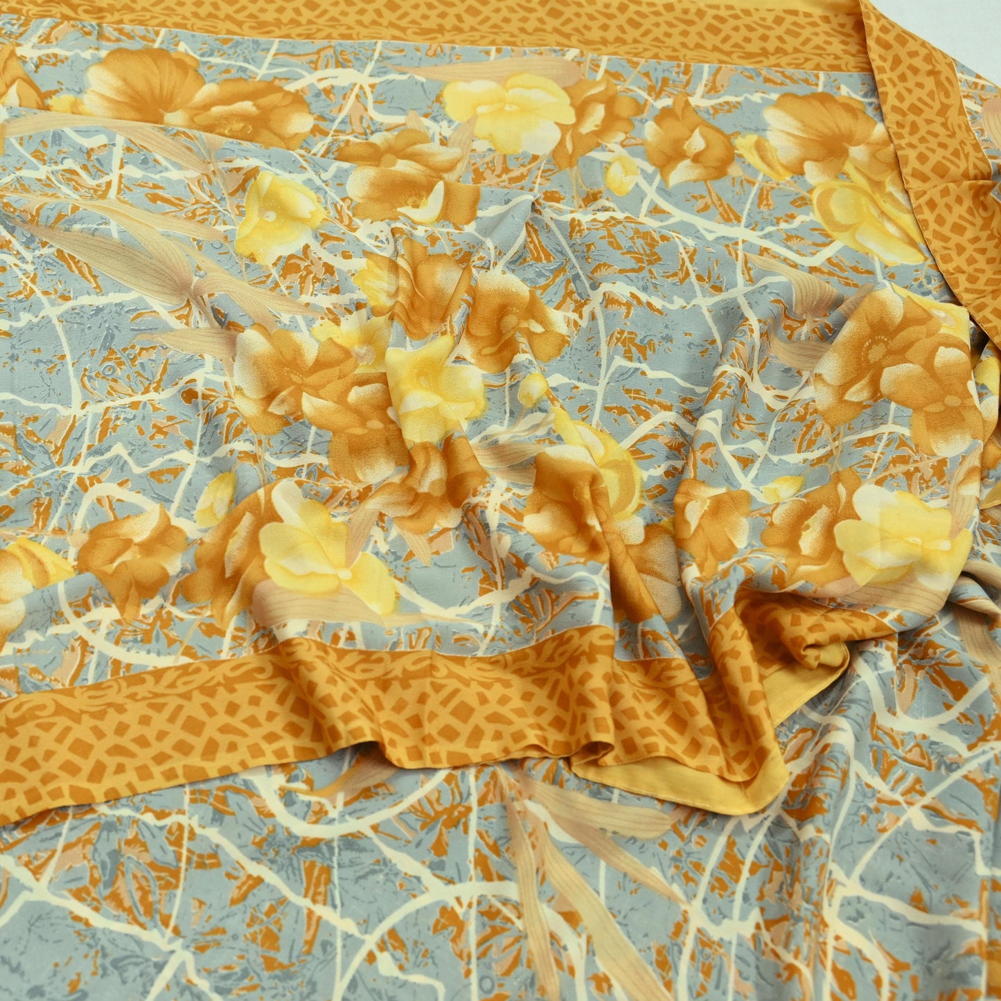 Indian Vintage Mustard & Gray Sarees Moss Crepe Printed Sari 5yd Sewing Floral Soft Craft Fabric DressMaking For Crafting Quilting Upcycle