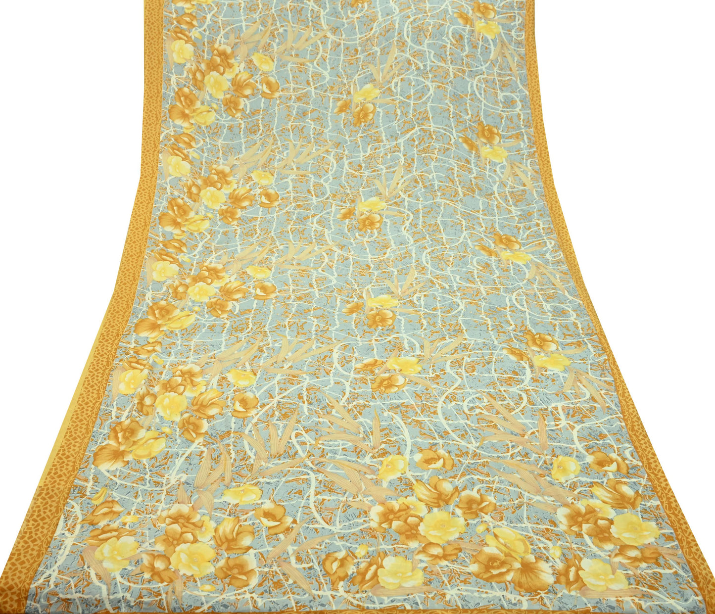 Indian Vintage Mustard & Gray Sarees Moss Crepe Printed Sari 5yd Sewing Floral Soft Craft Fabric DressMaking For Crafting Quilting Upcycle