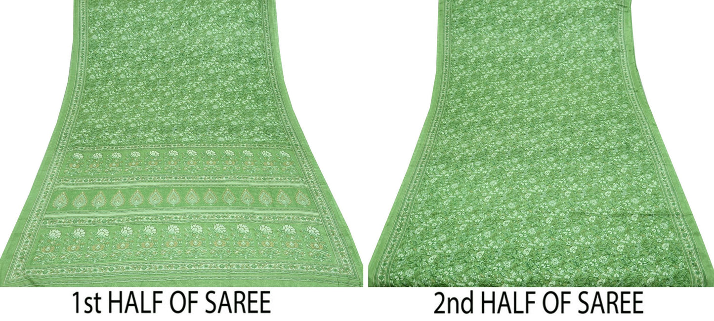 Indian Vintage Green Saree Moss Crepe Printed Sari 5yd Sewing Floral Soft Craft Fabric Dressmaking For Crafting Quilting Upcycle