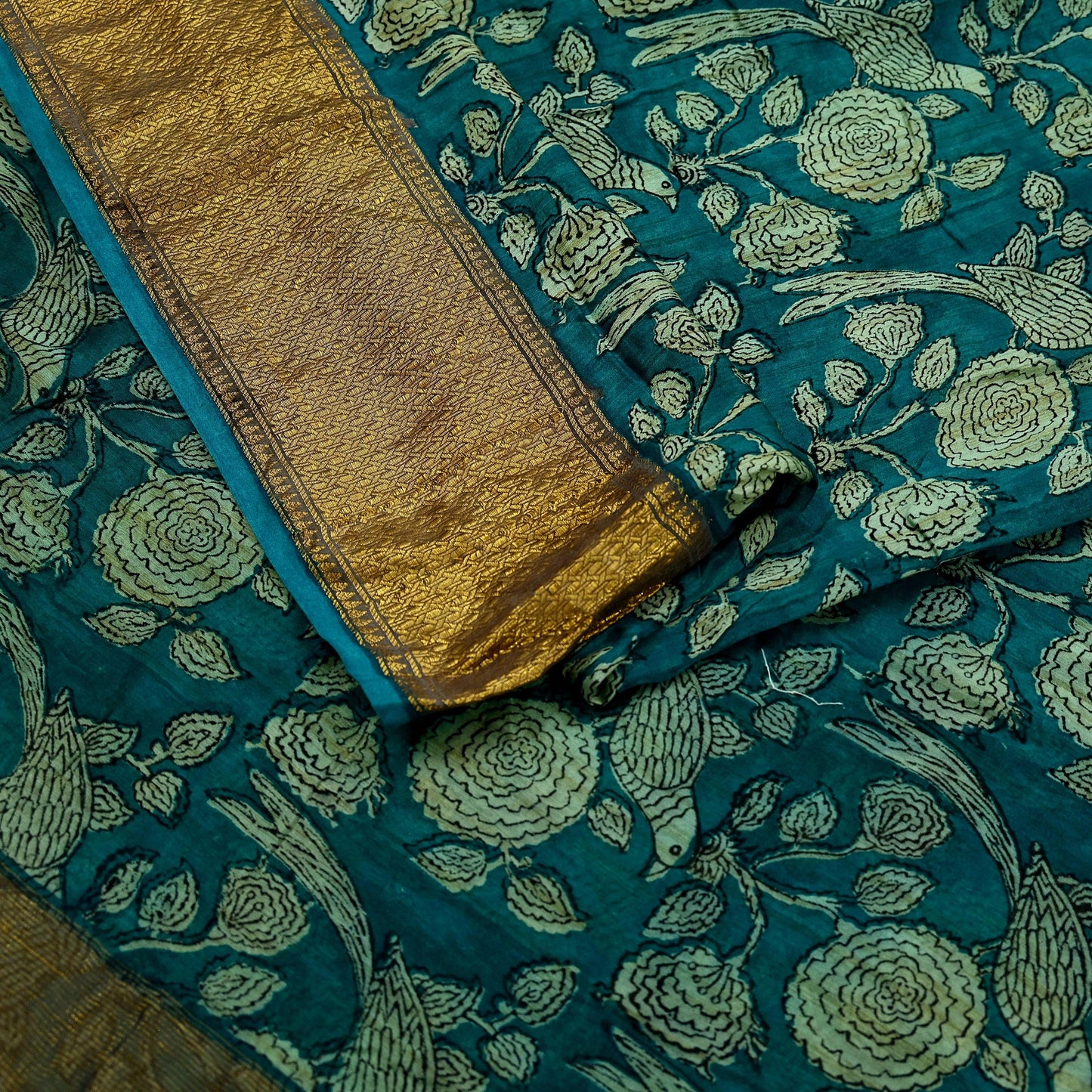 Indian Vintage Green Saree Block Printed Sari Pure chanderi Silk Sari Craft Fabric 5Yd Floral Soft Zari Dress making Bollywood saree Birds