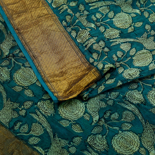 Indian Vintage Green Saree Block Printed Sari Pure chanderi Silk Sari Craft Fabric 5Yd Floral Soft Zari Dress making Bollywood saree Birds