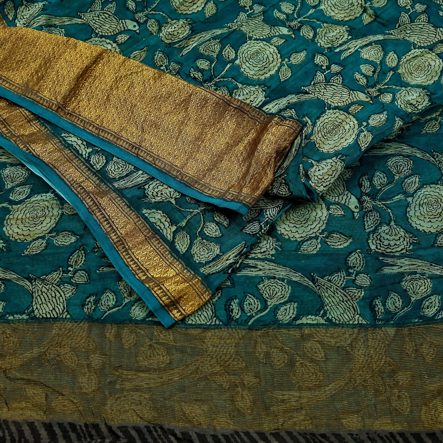 Indian Vintage Green Saree Block Printed Sari Pure chanderi Silk Sari Craft Fabric 5Yd Floral Soft Zari Dress making Bollywood saree Birds
