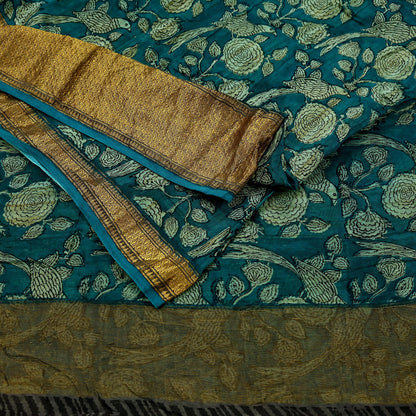 Indian Vintage Green Saree Block Printed Sari Pure chanderi Silk Sari Craft Fabric 5Yd Floral Soft Zari Dress making Bollywood saree Birds