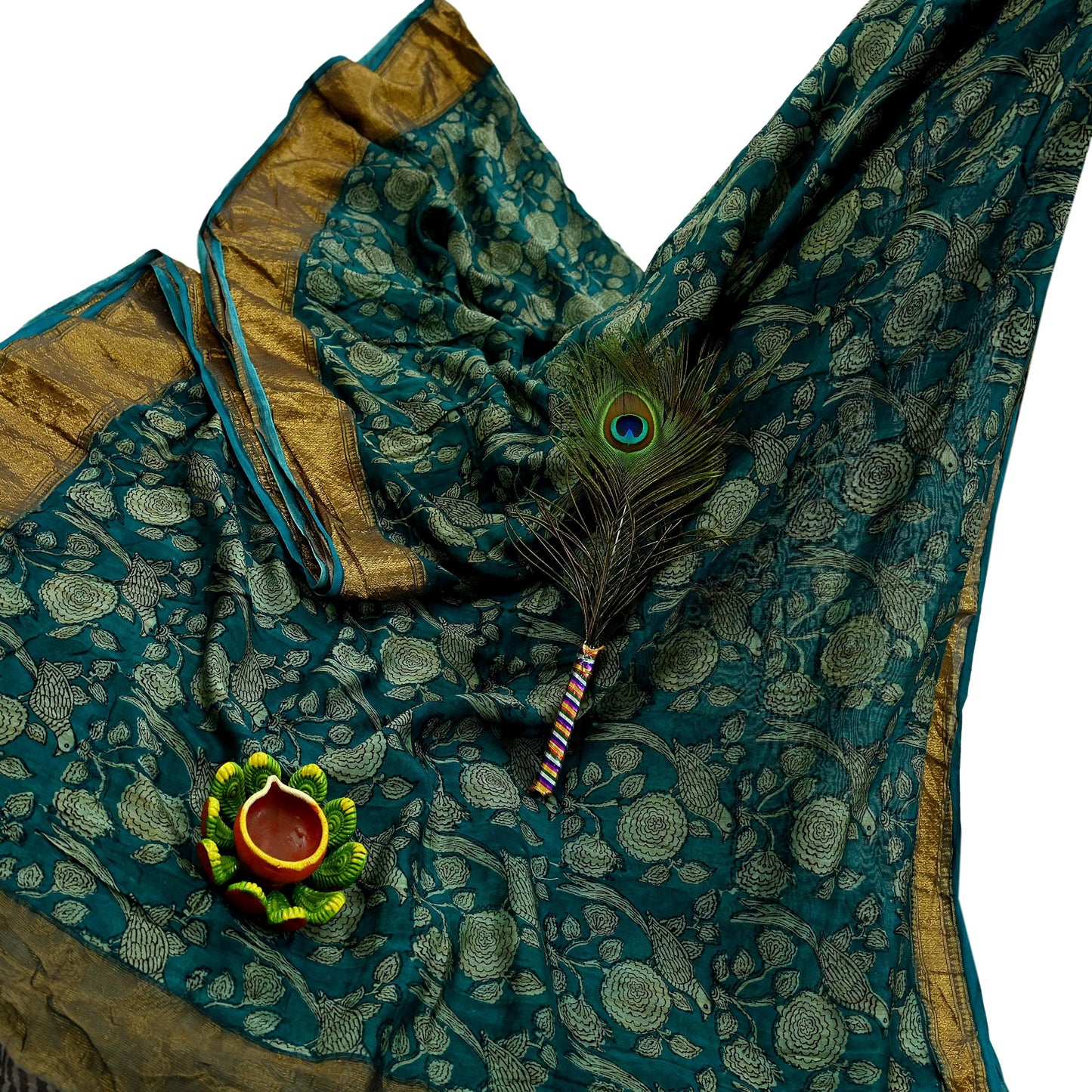 Indian Vintage Green Saree Block Printed Sari Pure chanderi Silk Sari Craft Fabric 5Yd Floral Soft Zari Dress making Bollywood saree Birds