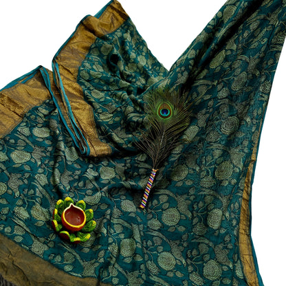 Indian Vintage Green Saree Block Printed Sari Pure chanderi Silk Sari Craft Fabric 5Yd Floral Soft Zari Dress making Bollywood saree Birds