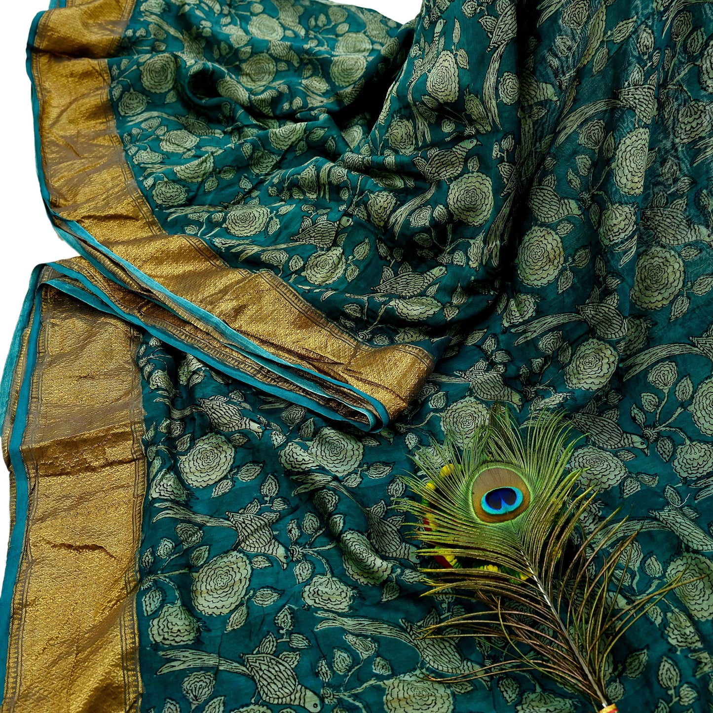 Indian Vintage Green Saree Block Printed Sari Pure chanderi Silk Sari Craft Fabric 5Yd Floral Soft Zari Dress making Bollywood saree Birds
