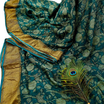 Indian Vintage Green Saree Block Printed Sari Pure chanderi Silk Sari Craft Fabric 5Yd Floral Soft Zari Dress making Bollywood saree Birds