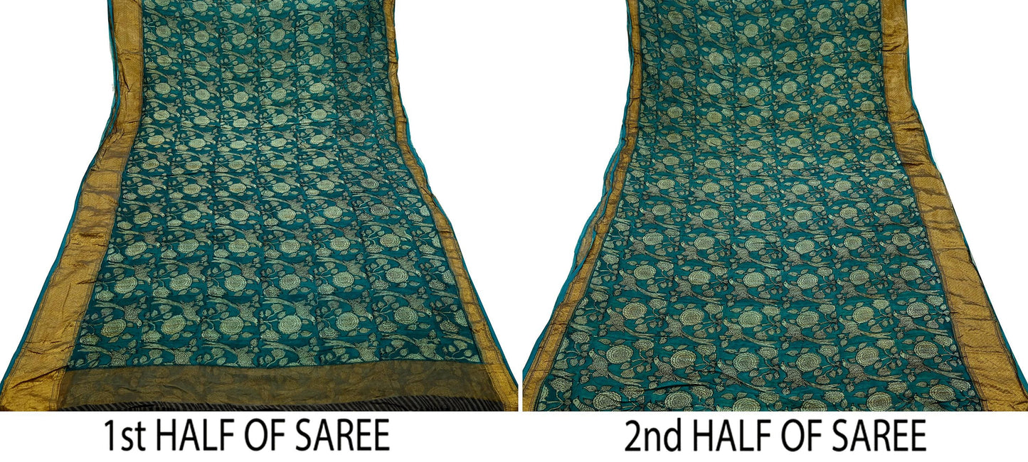 Indian Vintage Green Saree Block Printed Sari Pure chanderi Silk Sari Craft Fabric 5Yd Floral Soft Zari Dress making Bollywood saree Birds