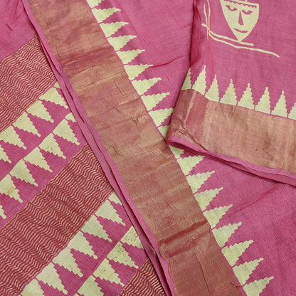 Indian Vintage Pink Saree Pure Khadi Silk Handloom Woven Zari Sari Craft Fabric 5yd Ethnic Wear Border Dress making Upcycle