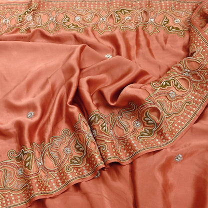 Indian Vintage Heavy Peach Sari  Hand Embroidered Saree 100% Pure Satin Silk Craft Fabric 5yd Soft Dress making Wedding/Party Wear Zardozi
