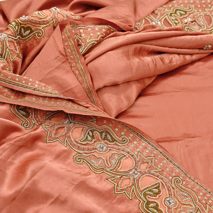 Indian Vintage Heavy Peach Sari  Hand Embroidered Saree 100% Pure Satin Silk Craft Fabric 5yd Soft Dress making Wedding/Party Wear Zardozi