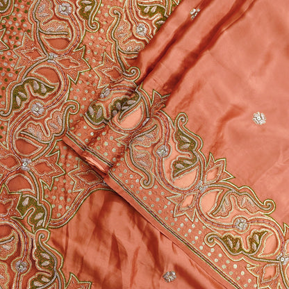 Indian Vintage Heavy Peach Sari  Hand Embroidered Saree 100% Pure Satin Silk Craft Fabric 5yd Soft Dress making Wedding/Party Wear Zardozi