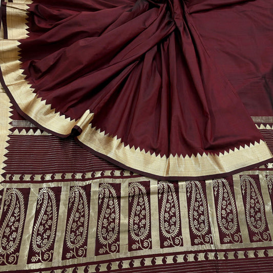 Indian Vintage Sari Maroon Mysore Silk Woven Sarees Craft Fabric 5Yd Ethnic South silk Dress Making Crafting Upcycle Quilting Zari Border