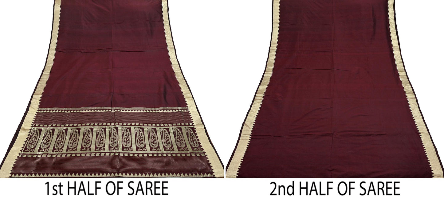 Indian Vintage Sari Maroon Mysore Silk Woven Sarees Craft Fabric 5Yd Ethnic South silk Dress Making Crafting Upcycle Quilting Zari Border
