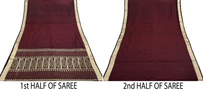 Indian Vintage Sari Maroon Mysore Silk Woven Sarees Craft Fabric 5Yd Ethnic South silk Dress Making Crafting Upcycle Quilting Zari Border