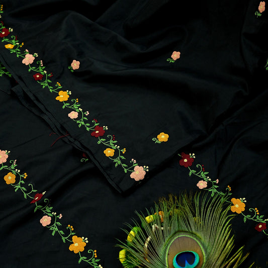 Indian Vintage Sari Black Pure Silk Hand Embroidered Saree Craft Fabric 5Yd Sewing Soft Ethnic Dress Making Bollywood saree