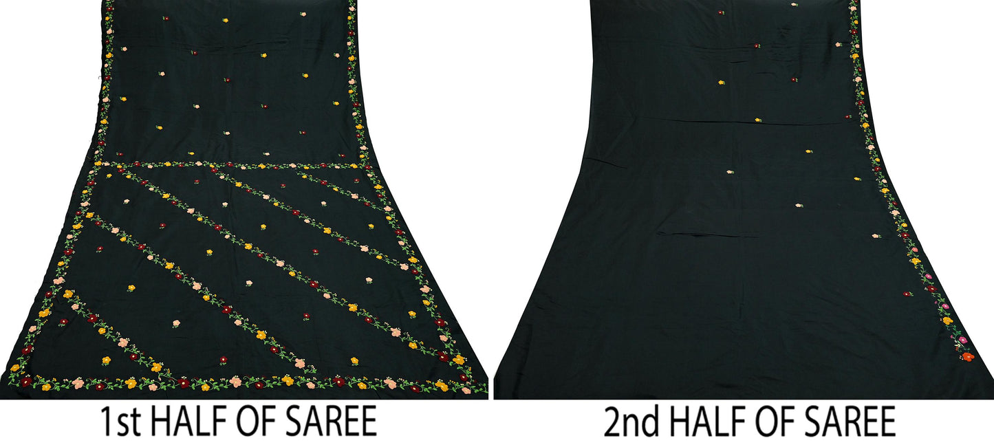 Indian Vintage Sari Black Pure Silk Hand Embroidered Saree Craft Fabric 5Yd Sewing Soft Ethnic Dress Making Bollywood saree
