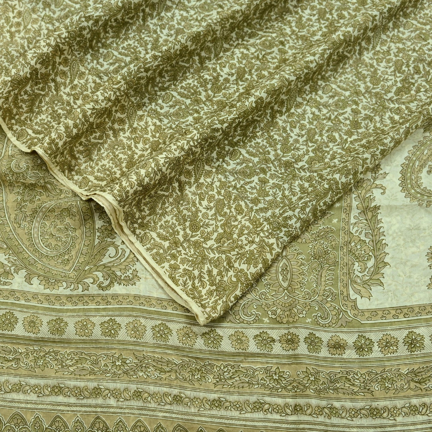 Indian Vintage Ivory Saree Pure Silk Printed Sari 5yd Sewing Craft Fabric Dress Making Soft Crafting Quilting Quilting Upcycle Paisley