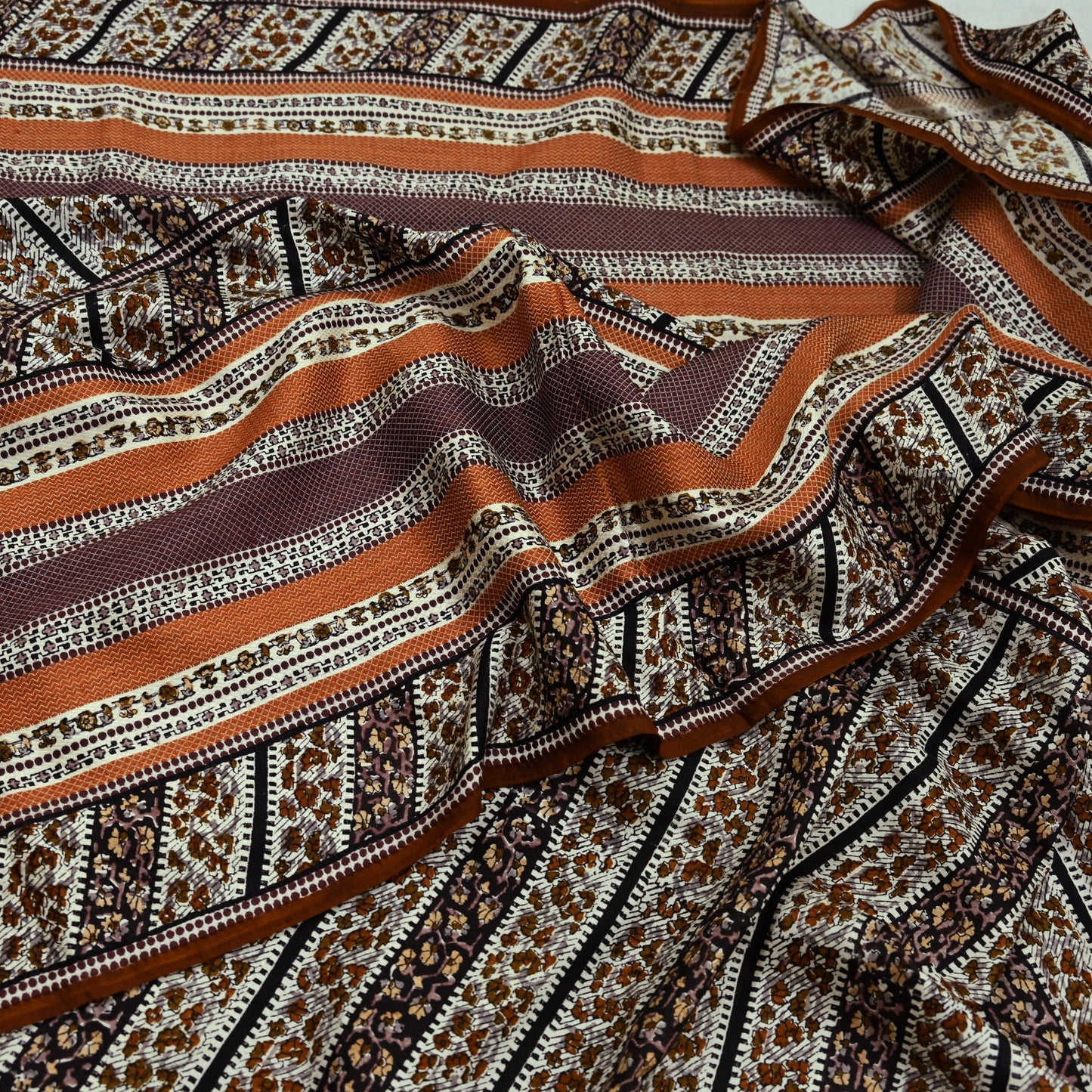 Indian Vintage Sari Brown & Ivory Printed 100% Pure Satin Silk Sarees 5yd Sewing Craft Fabric Dress Making Wrap Upcycle Quilting Crafting