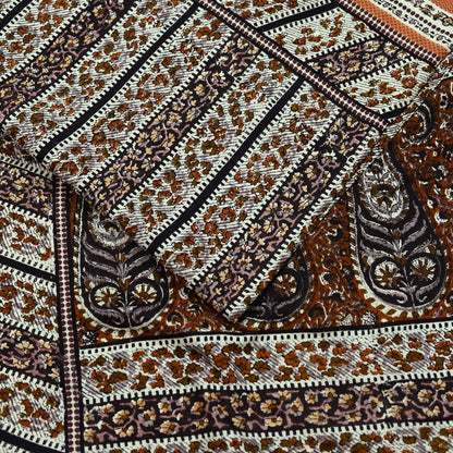 Indian Vintage Sari Brown & Ivory Printed 100% Pure Satin Silk Sarees 5yd Sewing Craft Fabric Dress Making Wrap Upcycle Quilting Crafting