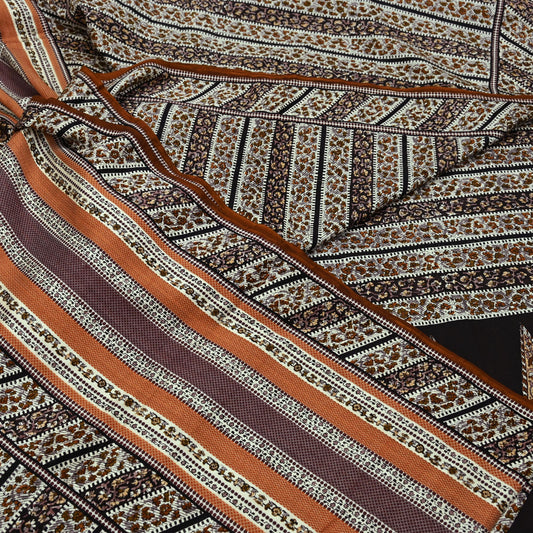 Indian Vintage Sari Brown & Ivory Printed 100% Pure Satin Silk Sarees 5yd Sewing Craft Fabric Dress Making Wrap Upcycle Quilting Crafting
