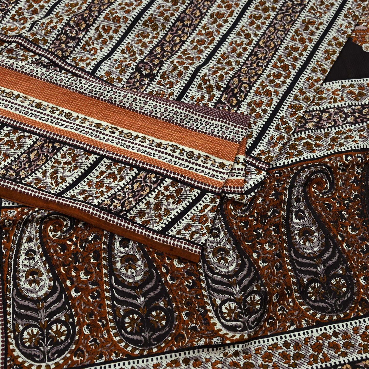Indian Vintage Sari Brown & Ivory Printed 100% Pure Satin Silk Sarees 5yd Sewing Craft Fabric Dress Making Wrap Upcycle Quilting Crafting