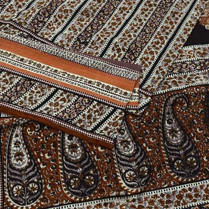 Indian Vintage Sari Brown & Ivory Printed 100% Pure Satin Silk Sarees 5yd Sewing Craft Fabric Dress Making Wrap Upcycle Quilting Crafting
