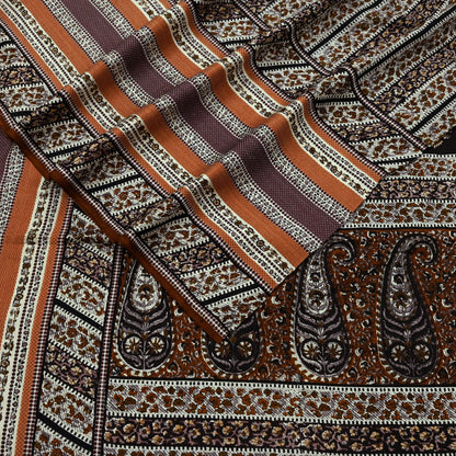 Indian Vintage Sari Brown & Ivory Printed 100% Pure Satin Silk Sarees 5yd Sewing Craft Fabric Dress Making Wrap Upcycle Quilting Crafting