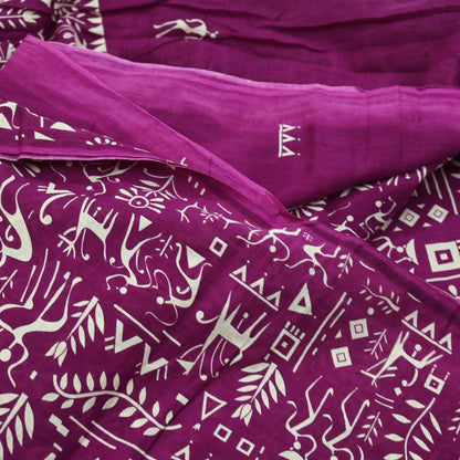 Indian Vintage Sari Purple & Ivory Warli Printed Saree 100% Pure Cotton 5Yd Craft Fabric Soft Sewing Sarong Wrap Quilting Dress Making