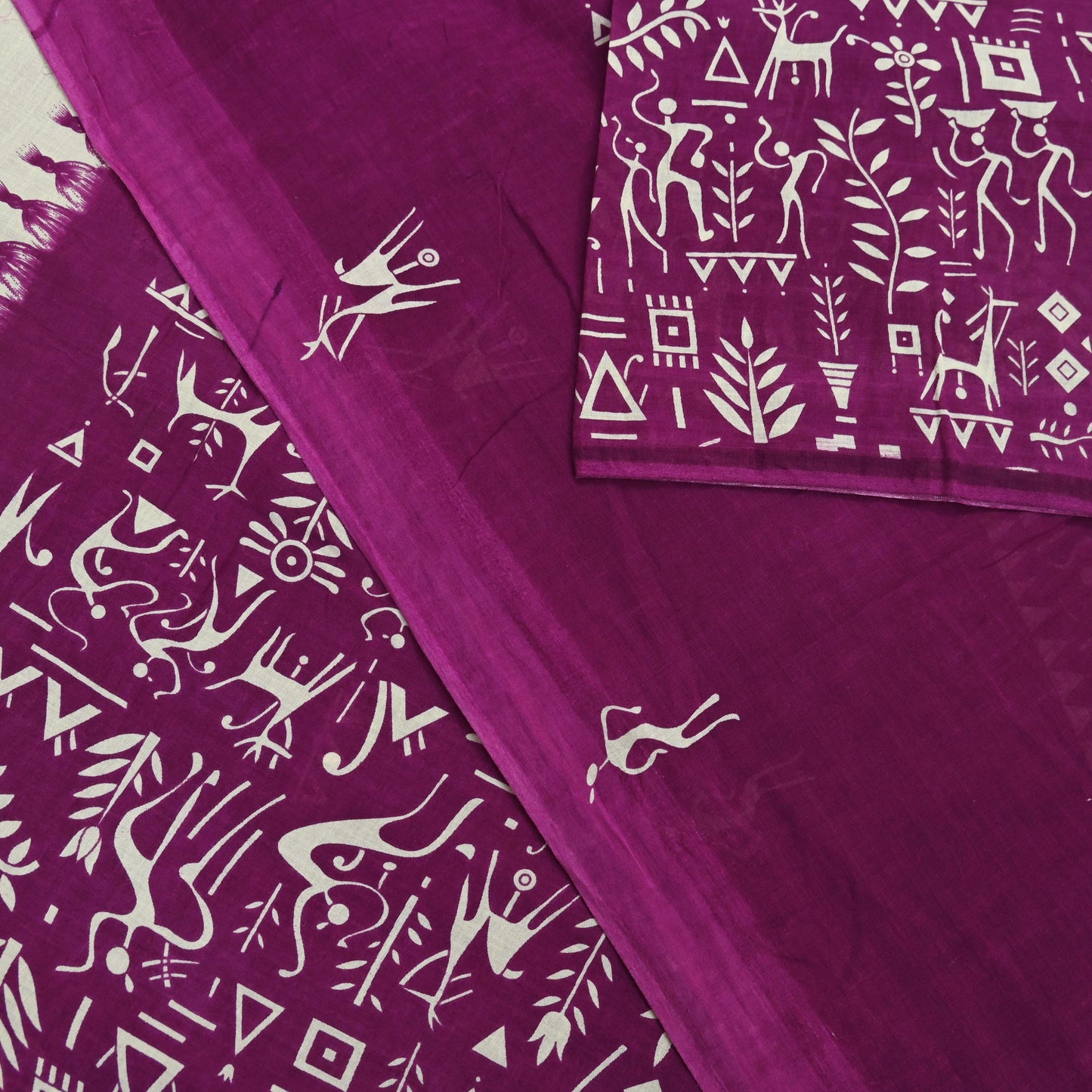 Indian Vintage Sari Purple & Ivory Warli Printed Saree 100% Pure Cotton 5Yd Craft Fabric Soft Sewing Sarong Wrap Quilting Dress Making