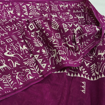Indian Vintage Sari Purple & Ivory Warli Printed Saree 100% Pure Cotton 5Yd Craft Fabric Soft Sewing Sarong Wrap Quilting Dress Making