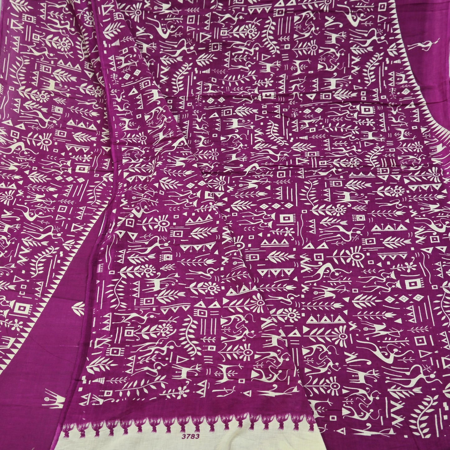 Indian Vintage Sari Purple & Ivory Warli Printed Saree 100% Pure Cotton 5Yd Craft Fabric Soft Sewing Sarong Wrap Quilting Dress Making
