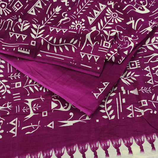 Indian Vintage Sari Purple & Ivory Warli Printed Saree 100% Pure Cotton 5Yd Craft Fabric Soft Sewing Sarong Wrap Quilting Dress Making
