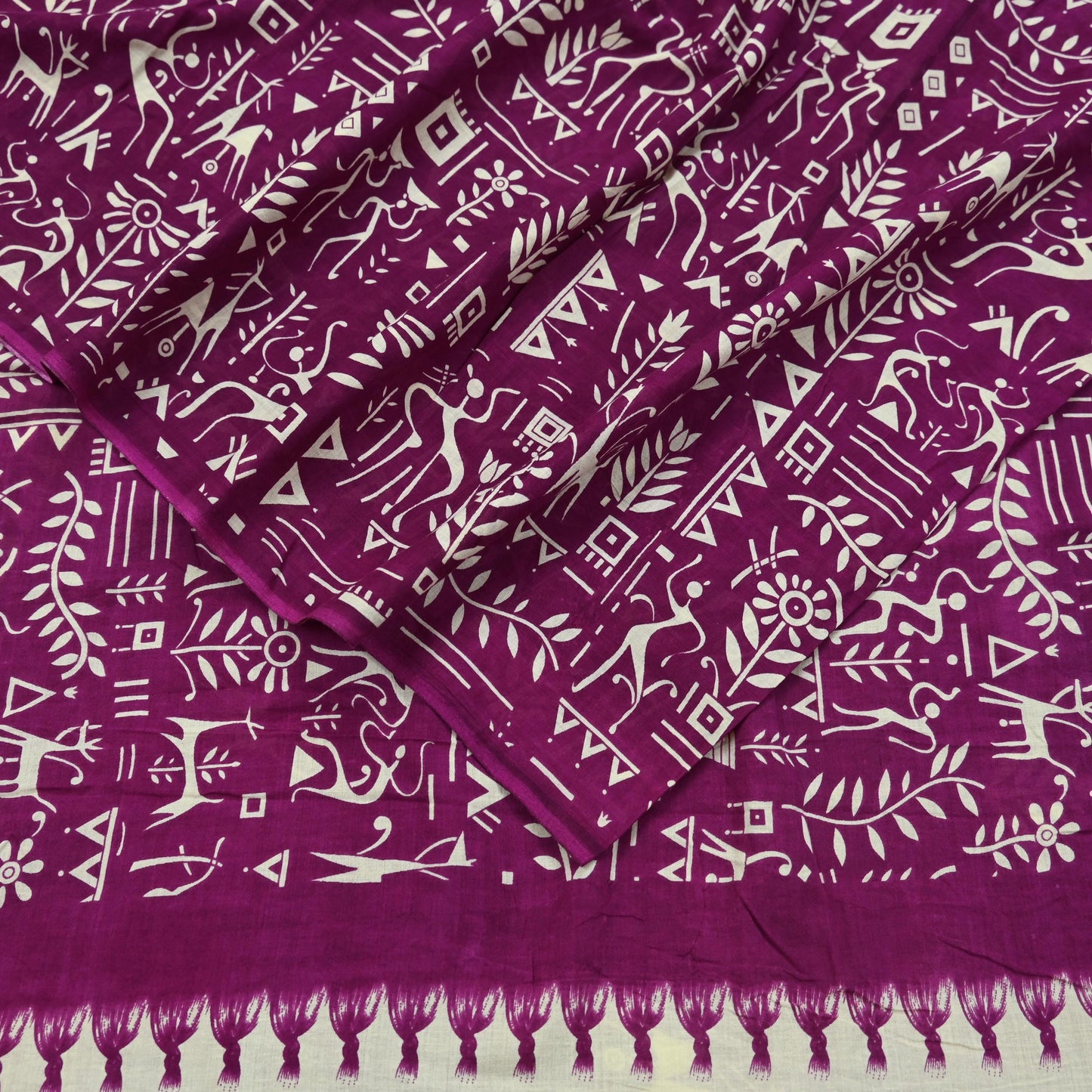Indian Vintage Sari Purple & Ivory Warli Printed Saree 100% Pure Cotton 5Yd Craft Fabric Soft Sewing Sarong Wrap Quilting Dress Making