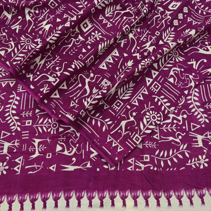 Indian Vintage Sari Purple & Ivory Warli Printed Saree 100% Pure Cotton 5Yd Craft Fabric Soft Sewing Sarong Wrap Quilting Dress Making