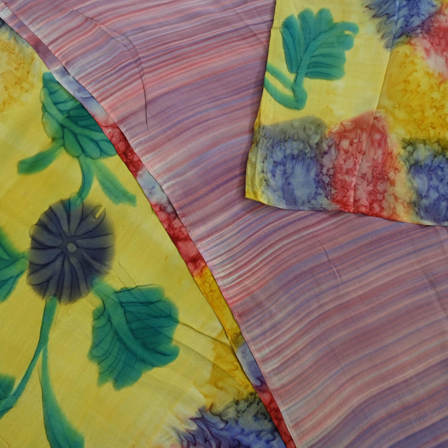 Indian Vintage Sari Yellow & Multi Pure Crepe Silk Block Printed Saree 5yd Sewing Floral Craft Fabric Wrap Dress making Crafting